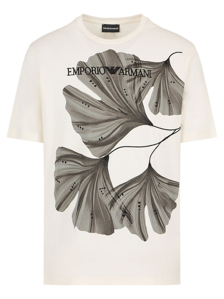T-shirt in jersey con stampa e ricamo fiore stilizzato-Emporio Armani-T-shirt-Vittorio Citro Boutique